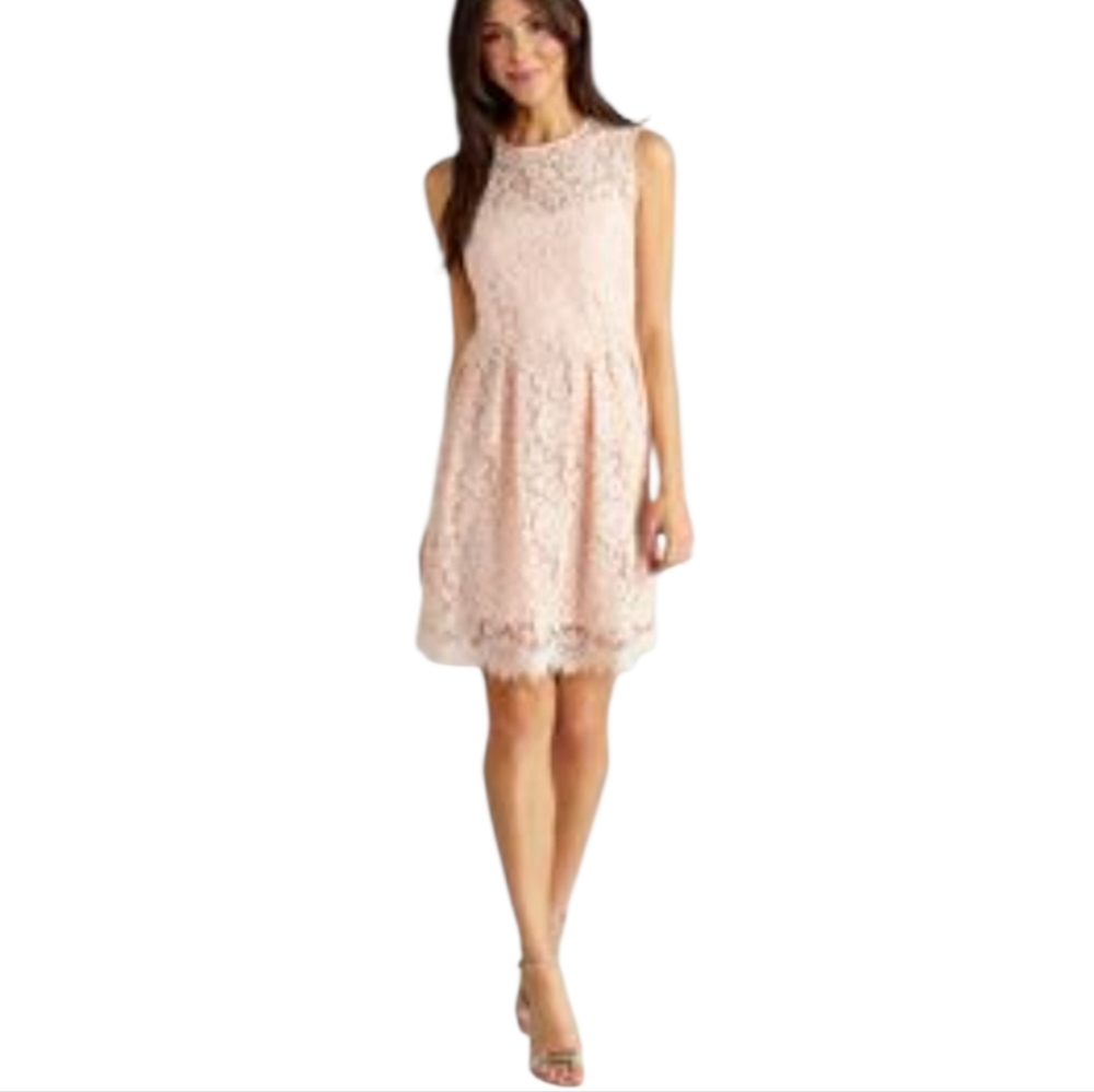 Whbm white House Black Market pale pink Pleated lace Party midi dress size 10